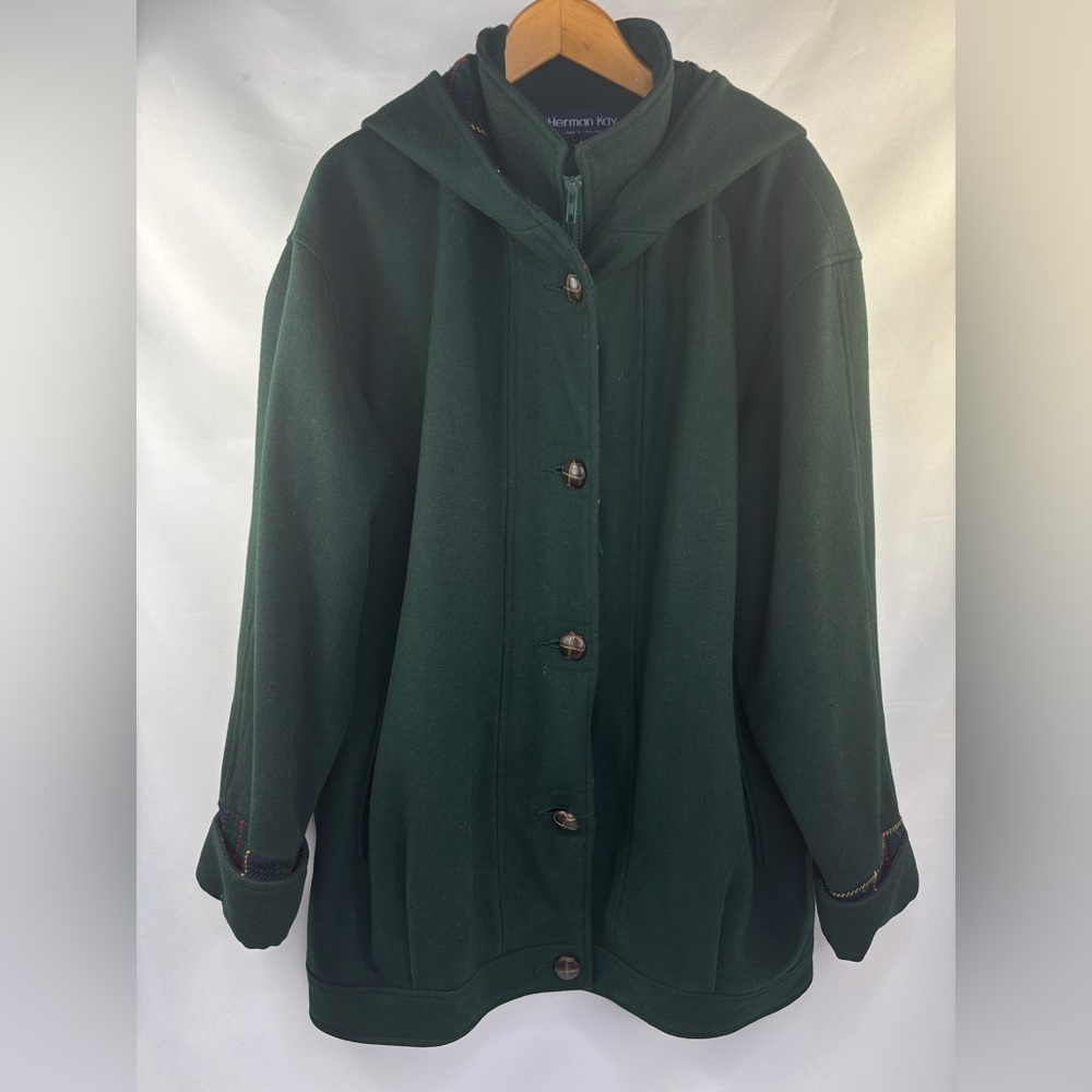 Vintage HERMAN KAY Green Wool Blend Coat Plaid Women's Size 12